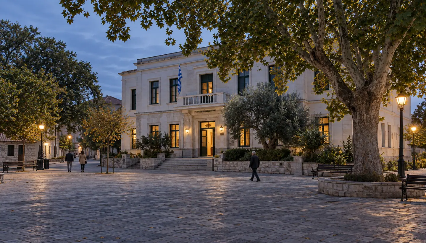 Το δημαρχείο της Νέας Πόλης το σούρουπο, με φωτισμένη την είσοδο· κάτοικοι διασχίζουν την πλατεία.